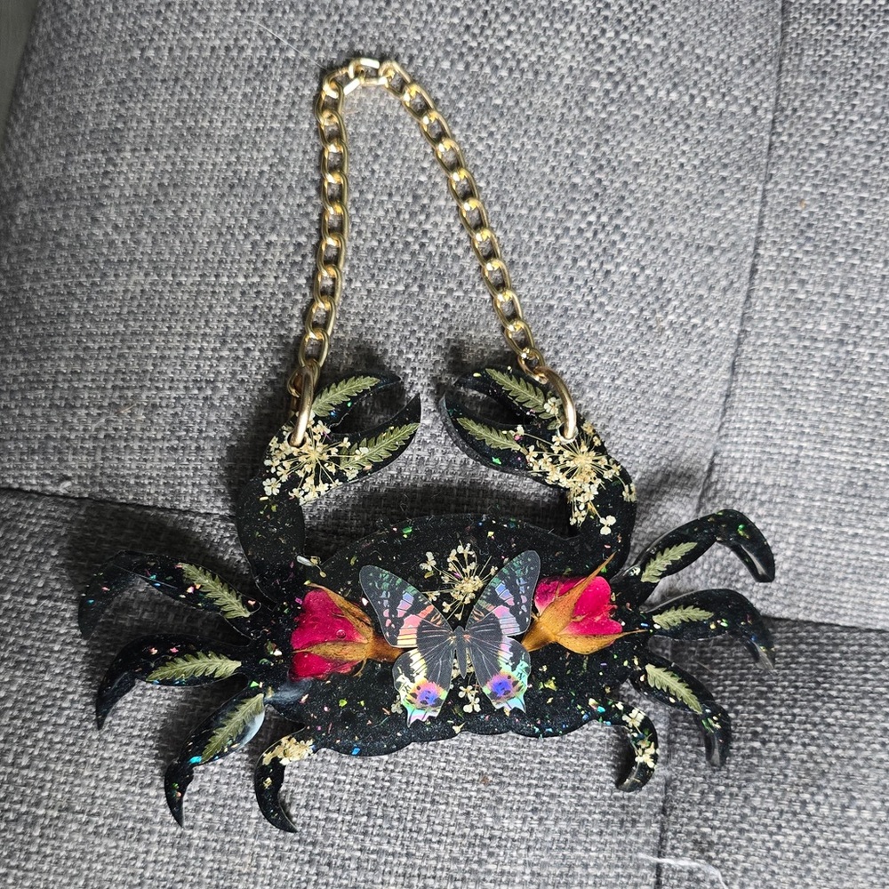 Black Crab with Butterfly & Pressed Flowers Resin Wall Hanging